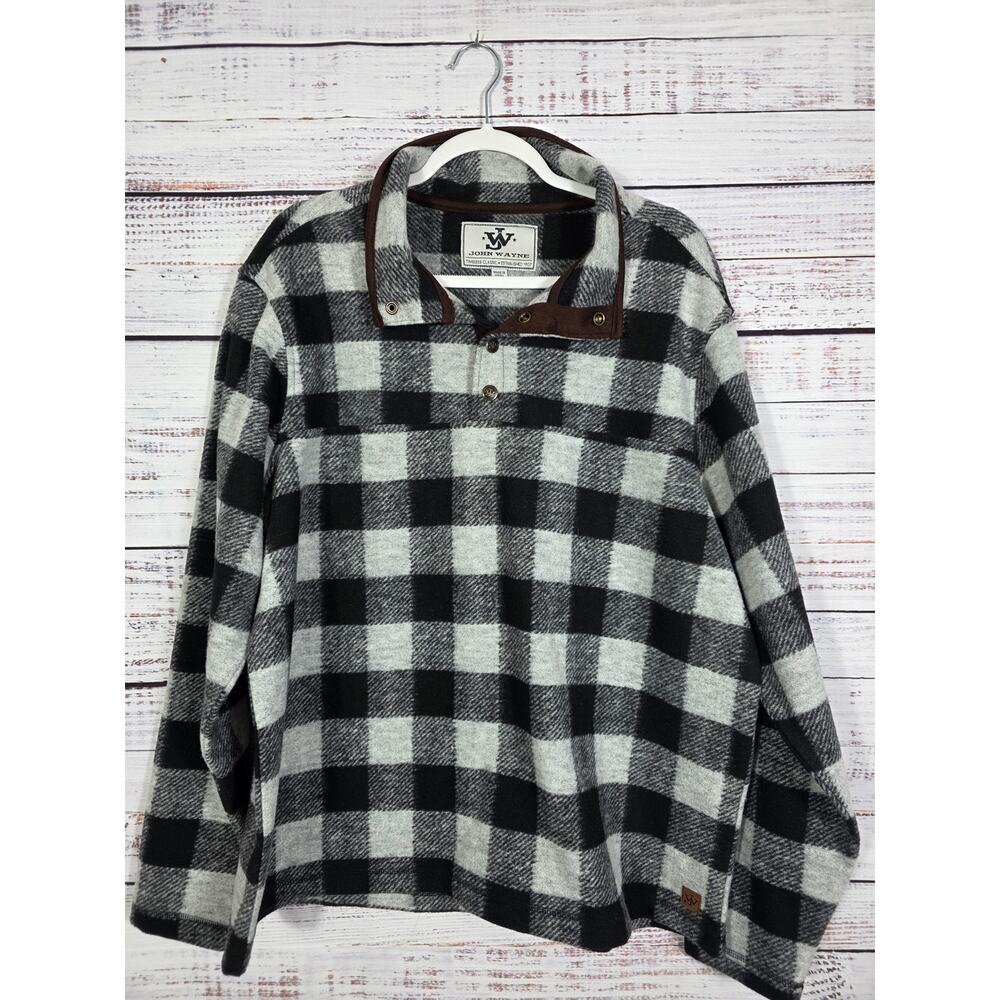 John Wayne Buffalo Plaid Pullover Jacket Men XL Black Gray Fleece Western Snap